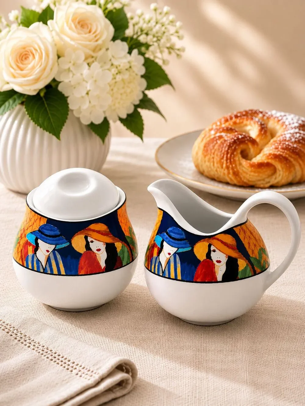 Sango Cafe Paris 4914 Creamer & Covered Sugar Bowl Set Women in Hats